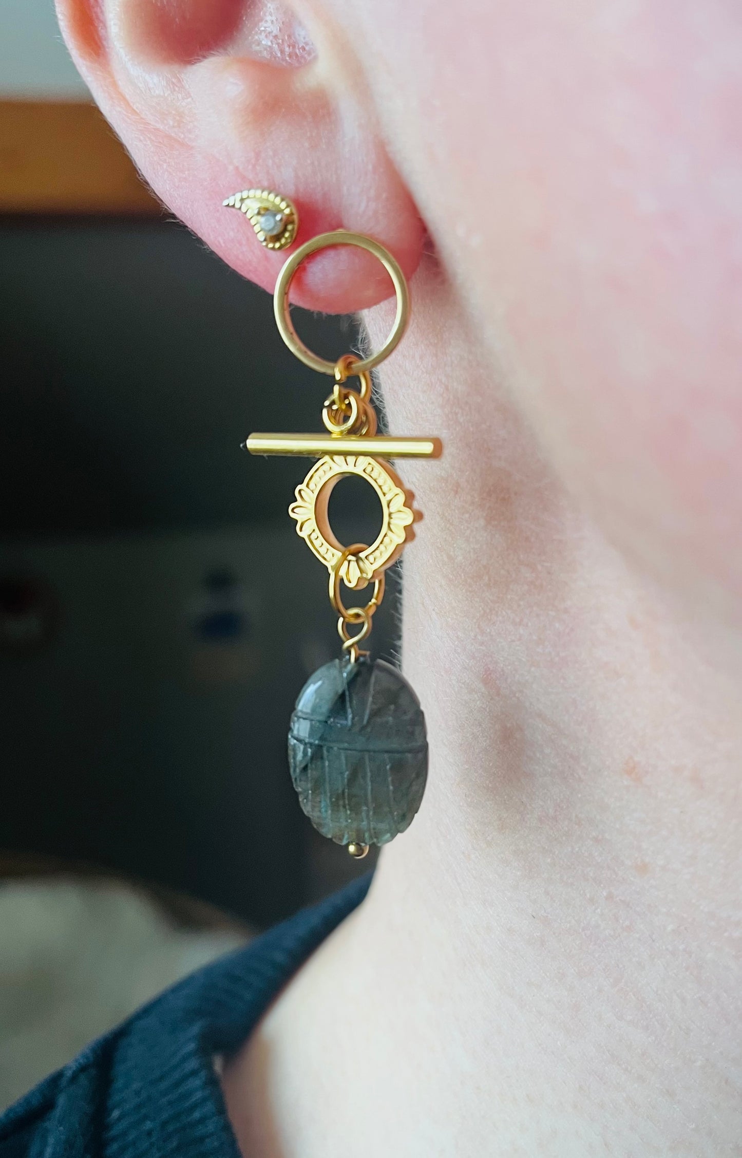 Single earring scarab amulet Labradorite