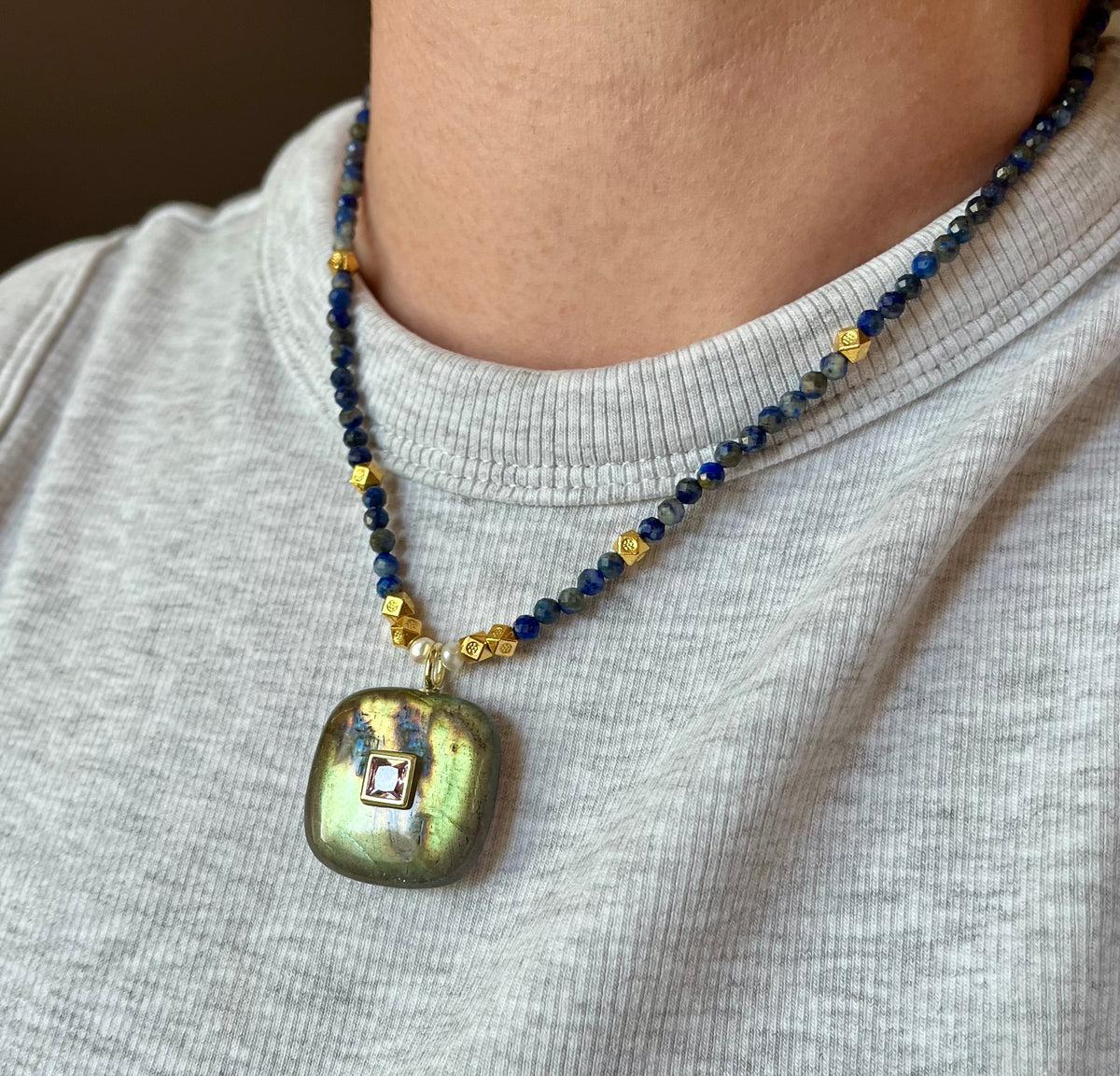 Collier talisman Labradorite et Lapis-Lazuli