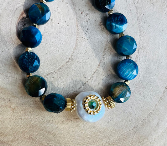Bracelet Œil de Tigre bleu et Perle d’eau douce