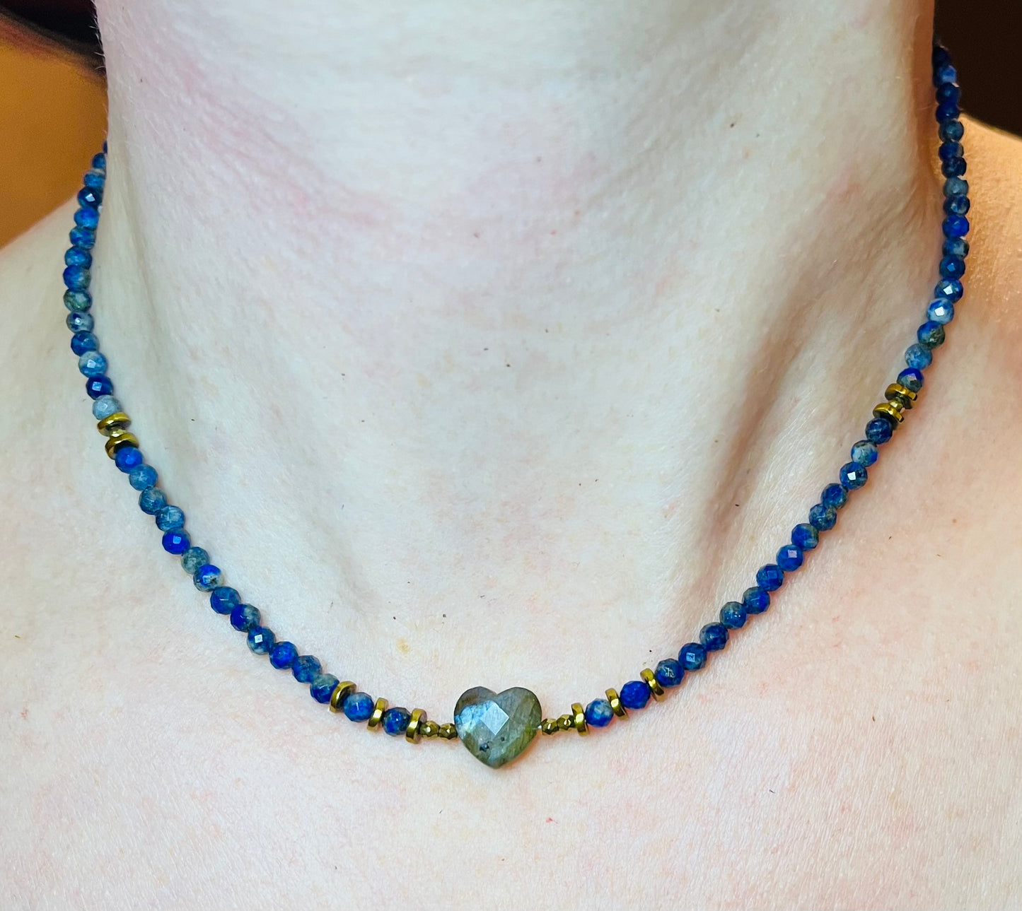 Collier cœur Labradorite et Lapis-lazuli