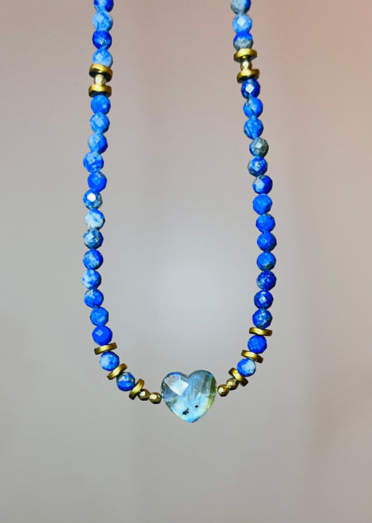 Collier cœur Labradorite et Lapis-lazuli