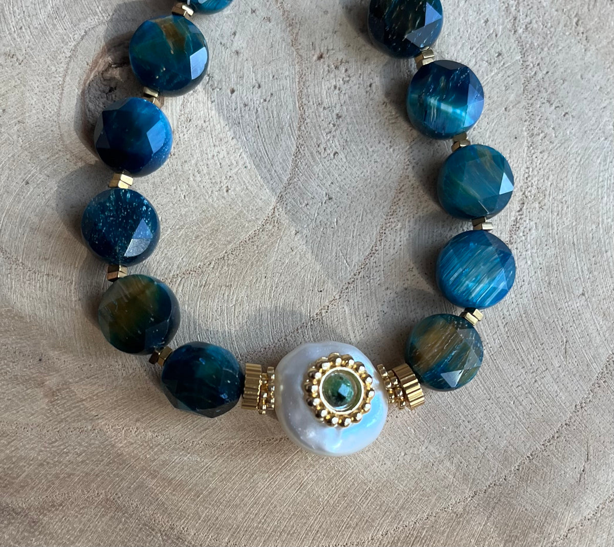 Bracelet Œil de Tigre bleu et Perle d’eau douce
