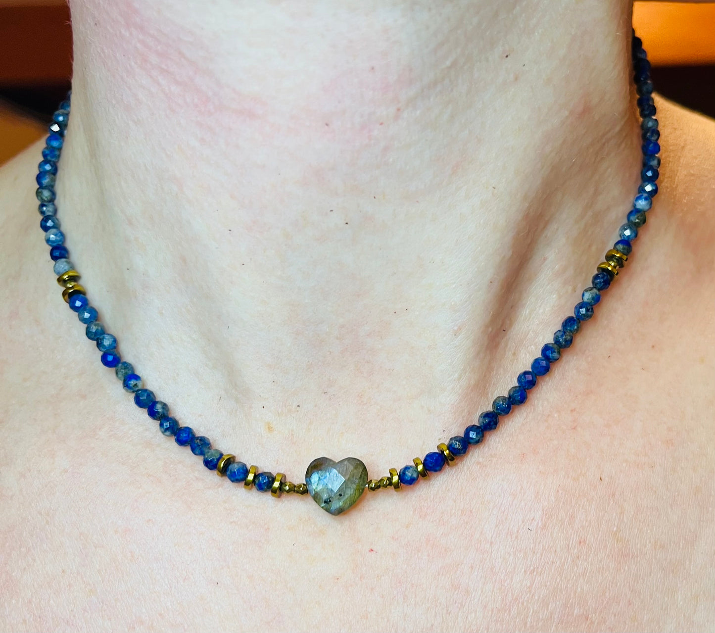 Collier cœur Labradorite et Lapis-lazuli