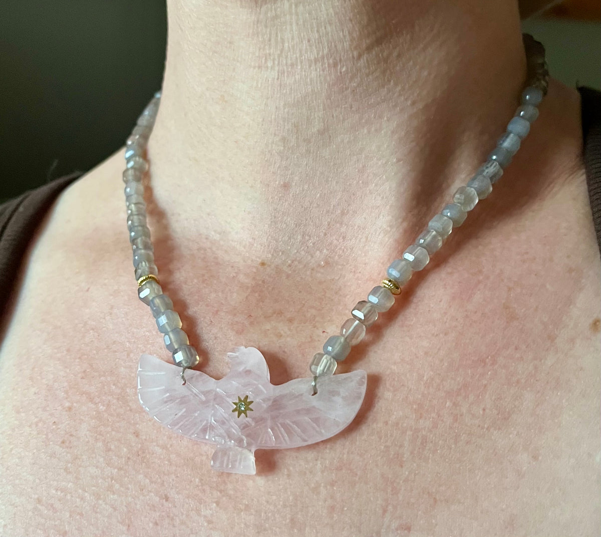 Collier phœnix Quartz rose et Labradorite