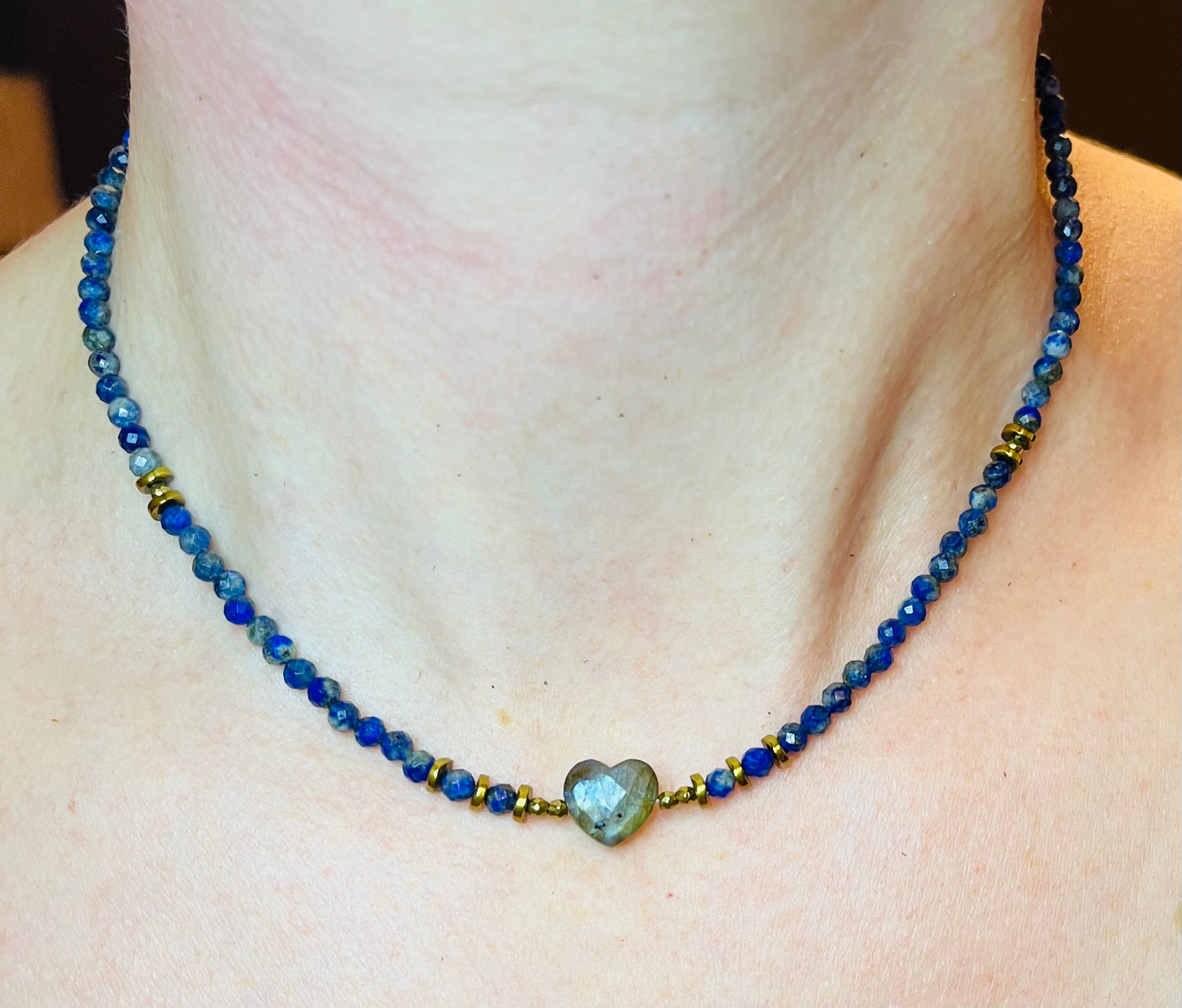 Collier cœur Labradorite et Lapis-lazuli