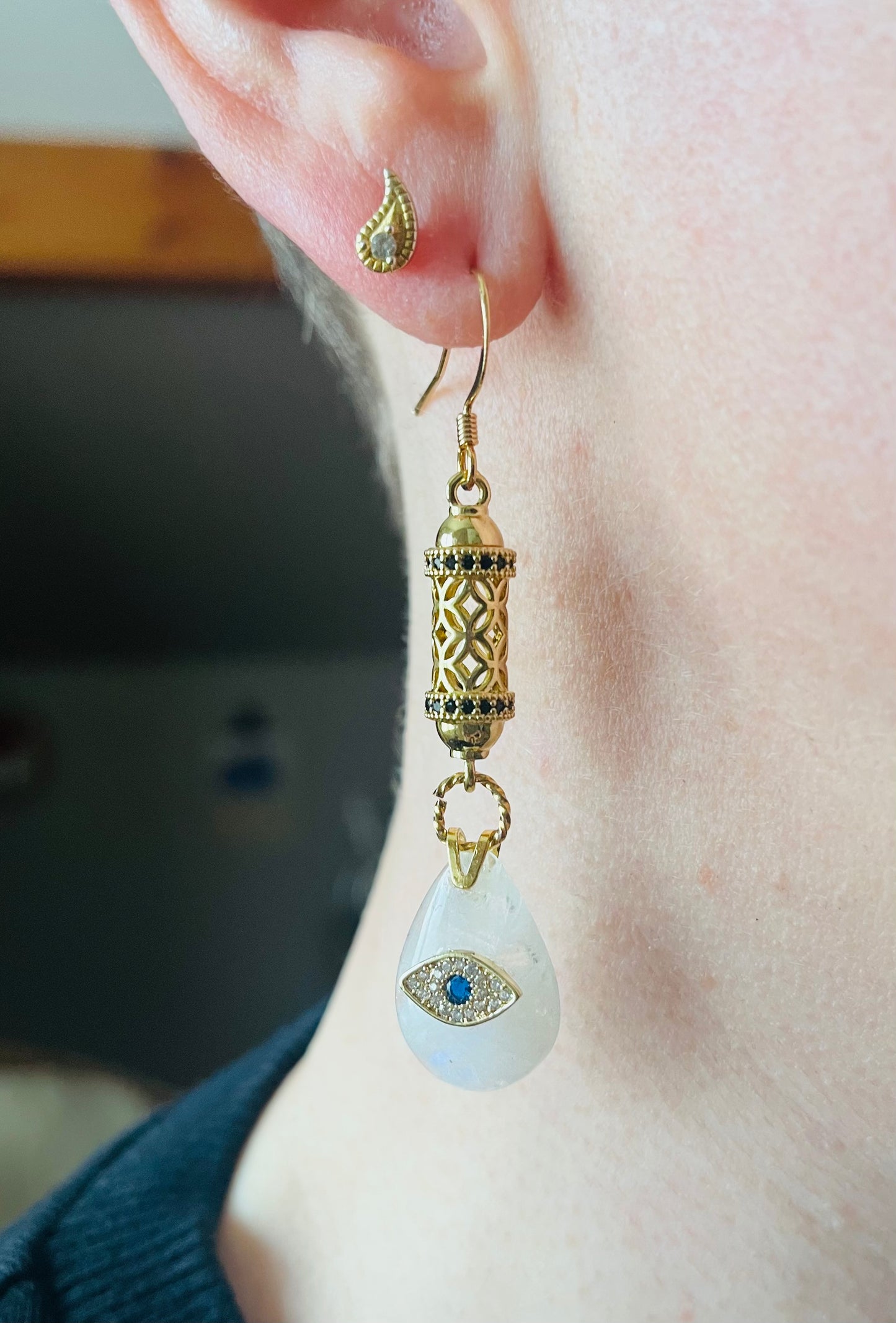 Moonstone teardrop amulet single earring