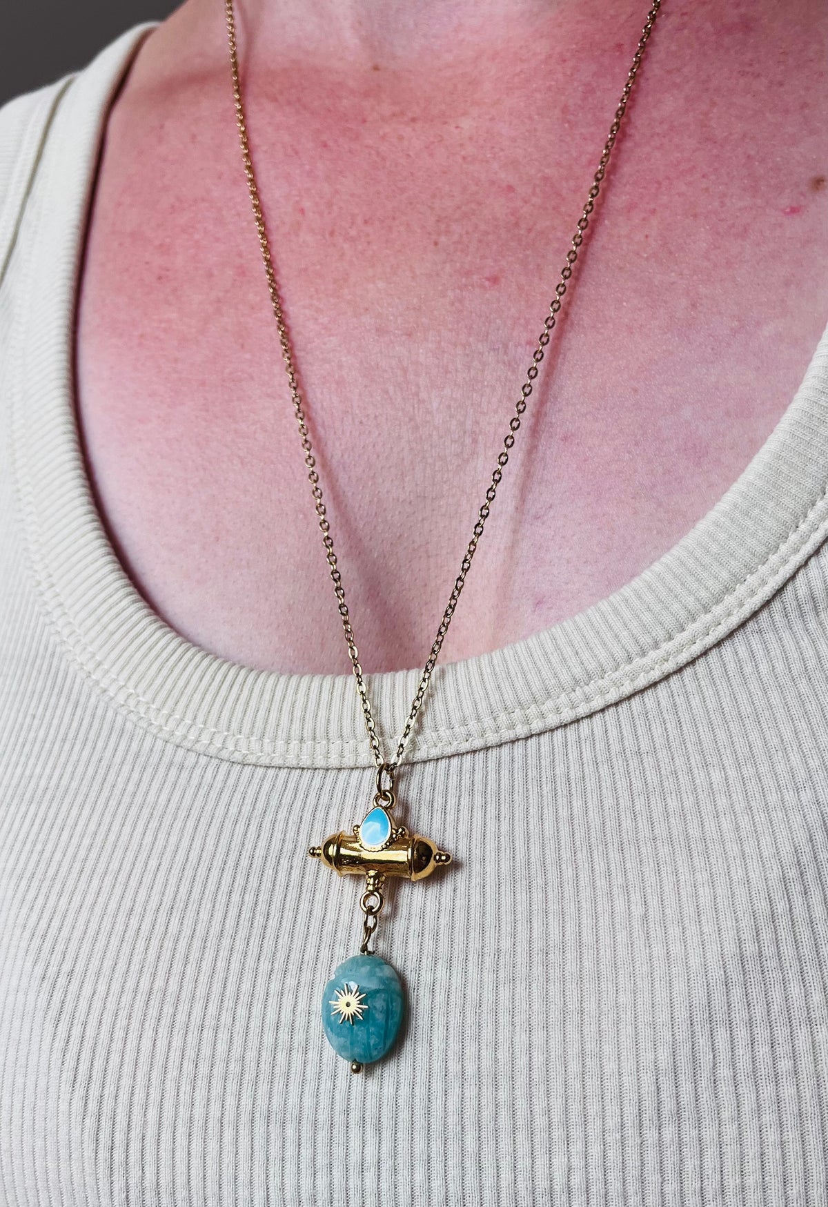 Collier sautoir talisman scarabée Amazonite