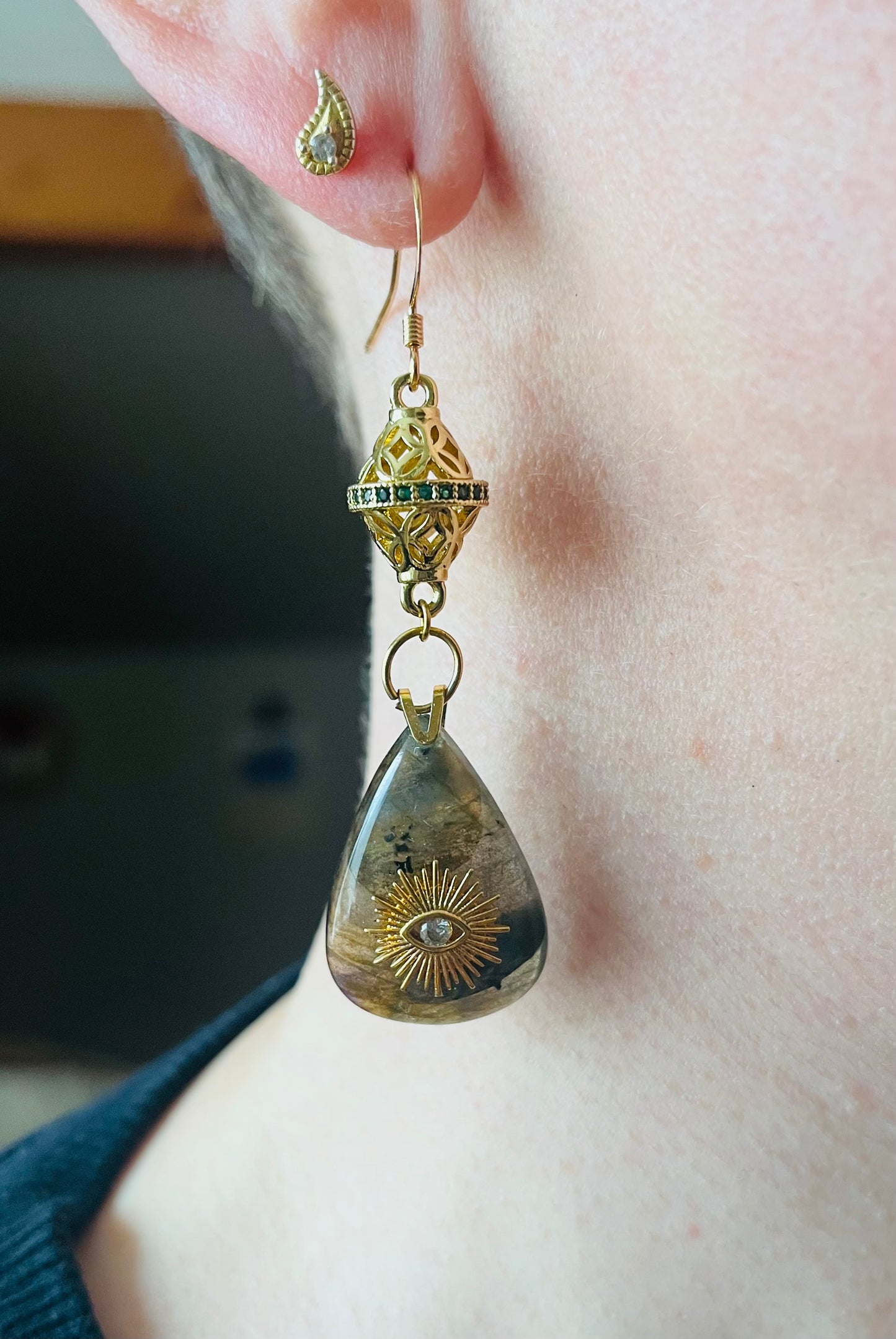Labradorite teardrop talisman single earring