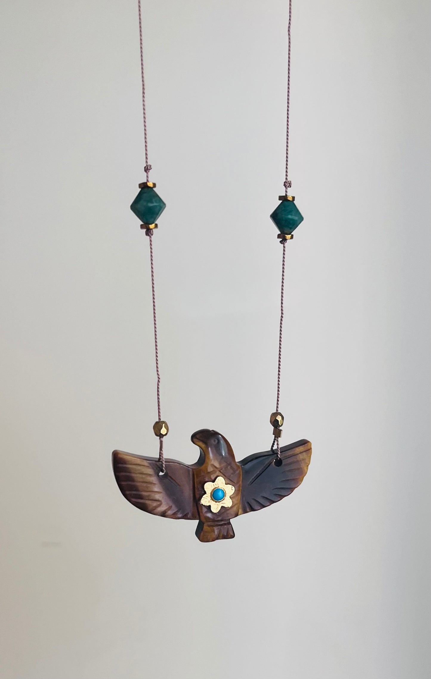 Collier Sautoir phœnix Œil de Tigre et Jade