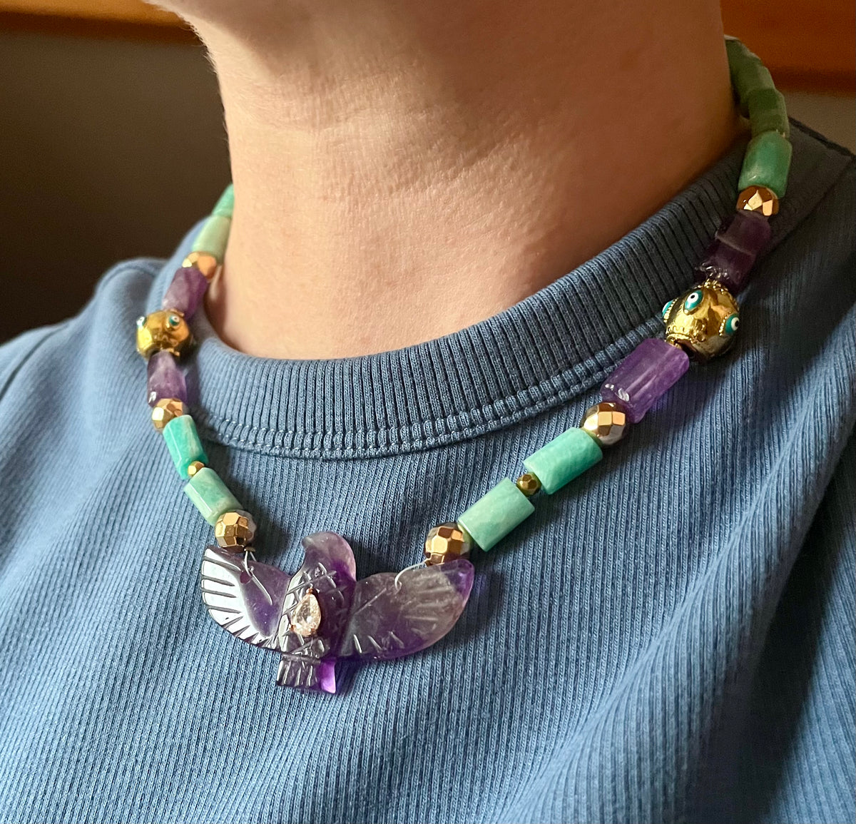 Collier phœnix Améthyste et Amazonite