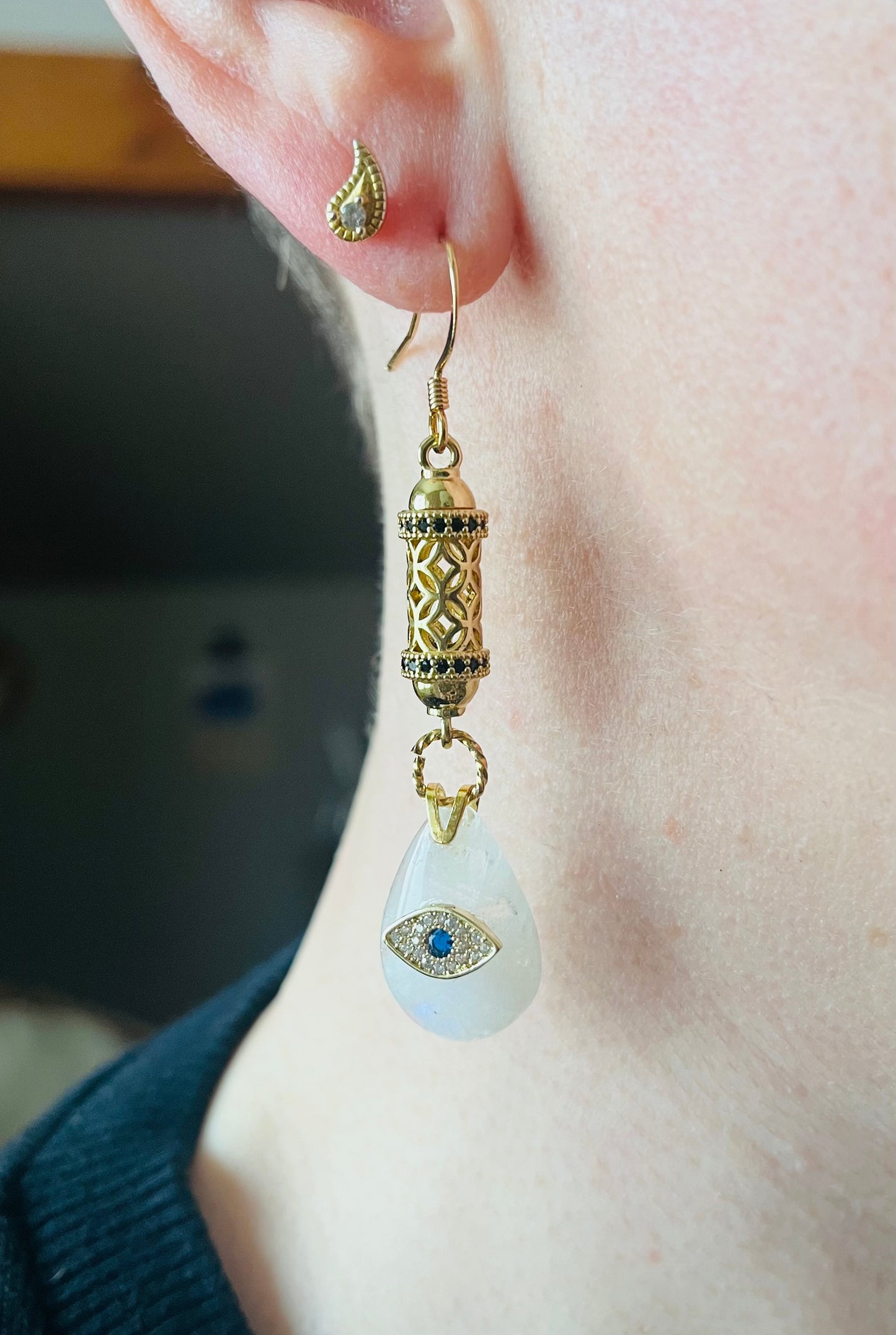 Moonstone teardrop amulet single earring