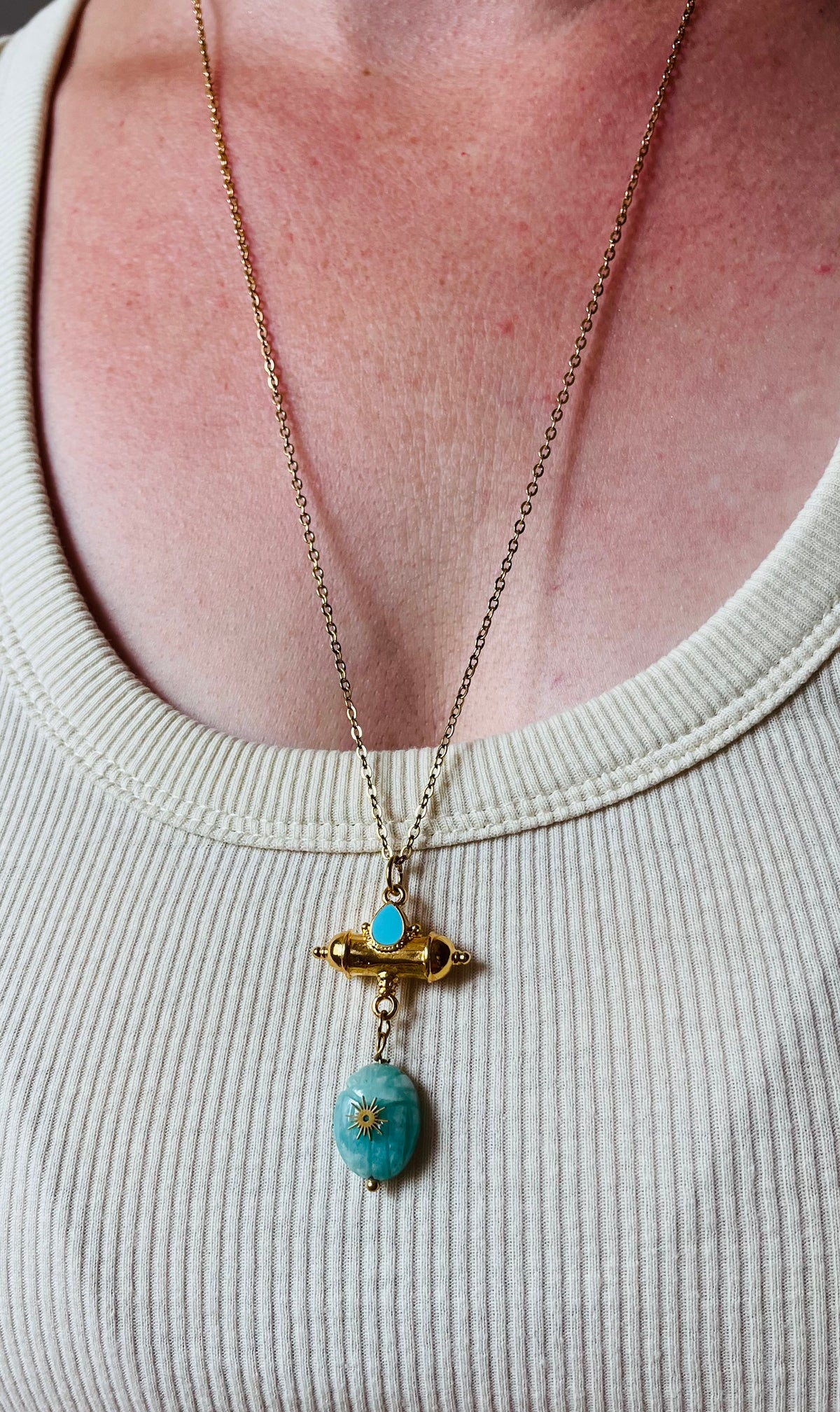 Collier sautoir talisman scarabée Amazonite