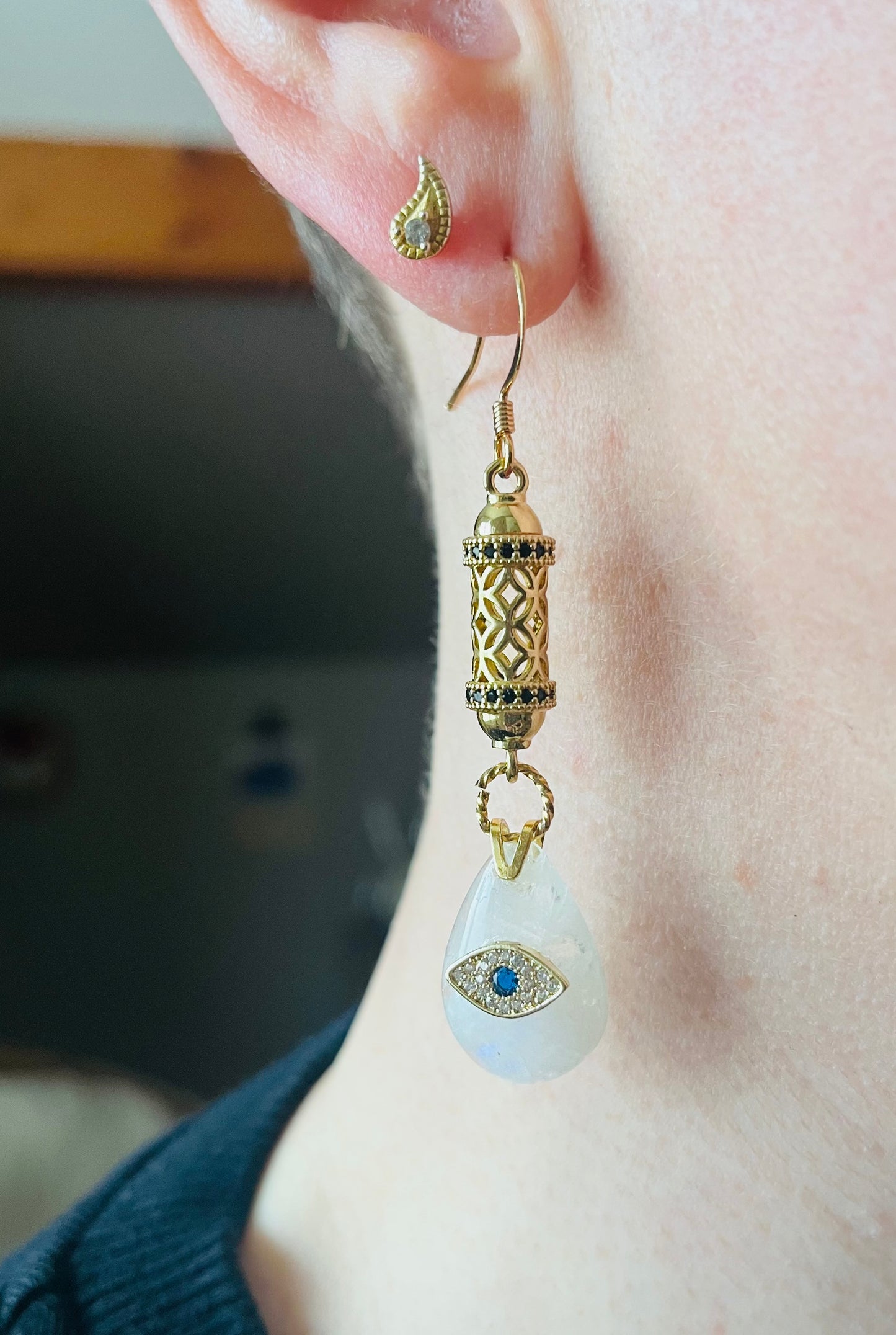 Moonstone teardrop amulet single earring