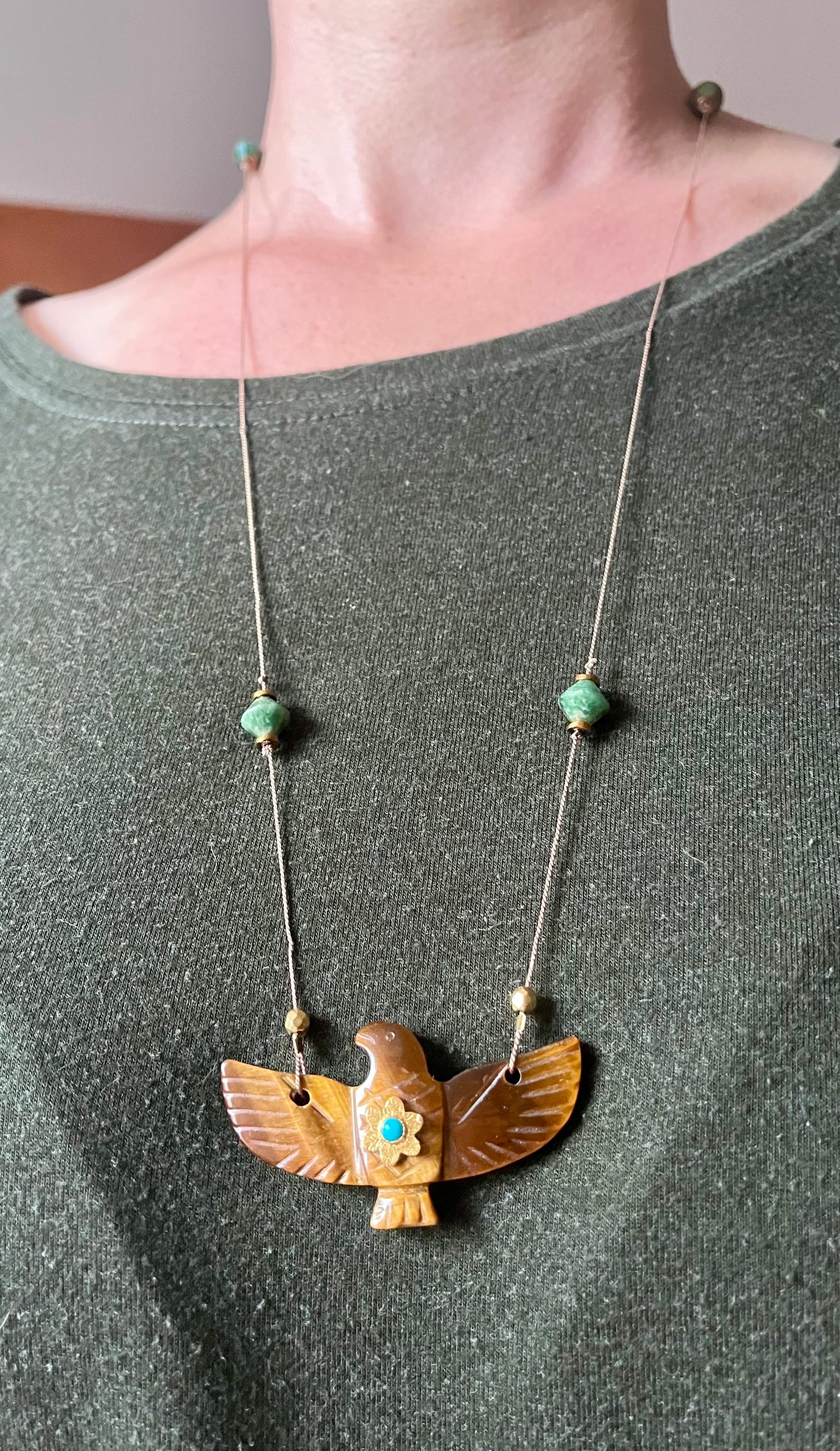 Collier Sautoir phœnix Œil de Tigre et Jade