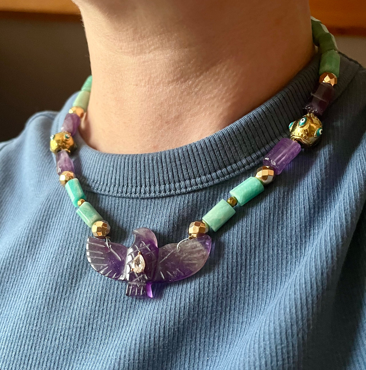 Collier phœnix Améthyste et Amazonite