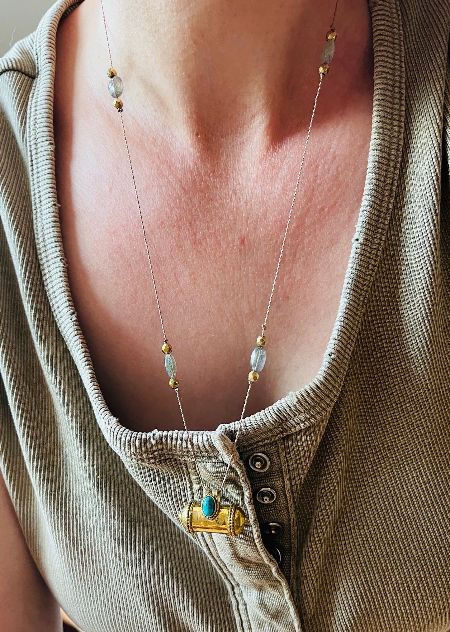 Collier sautoir talisman protecteur Boîte à vœux - Turquoise et Labradorite
