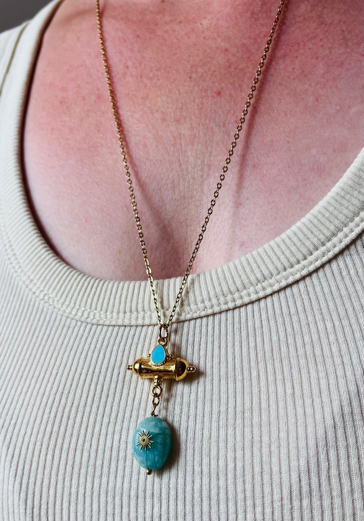 Collier sautoir talisman scarabée Amazonite