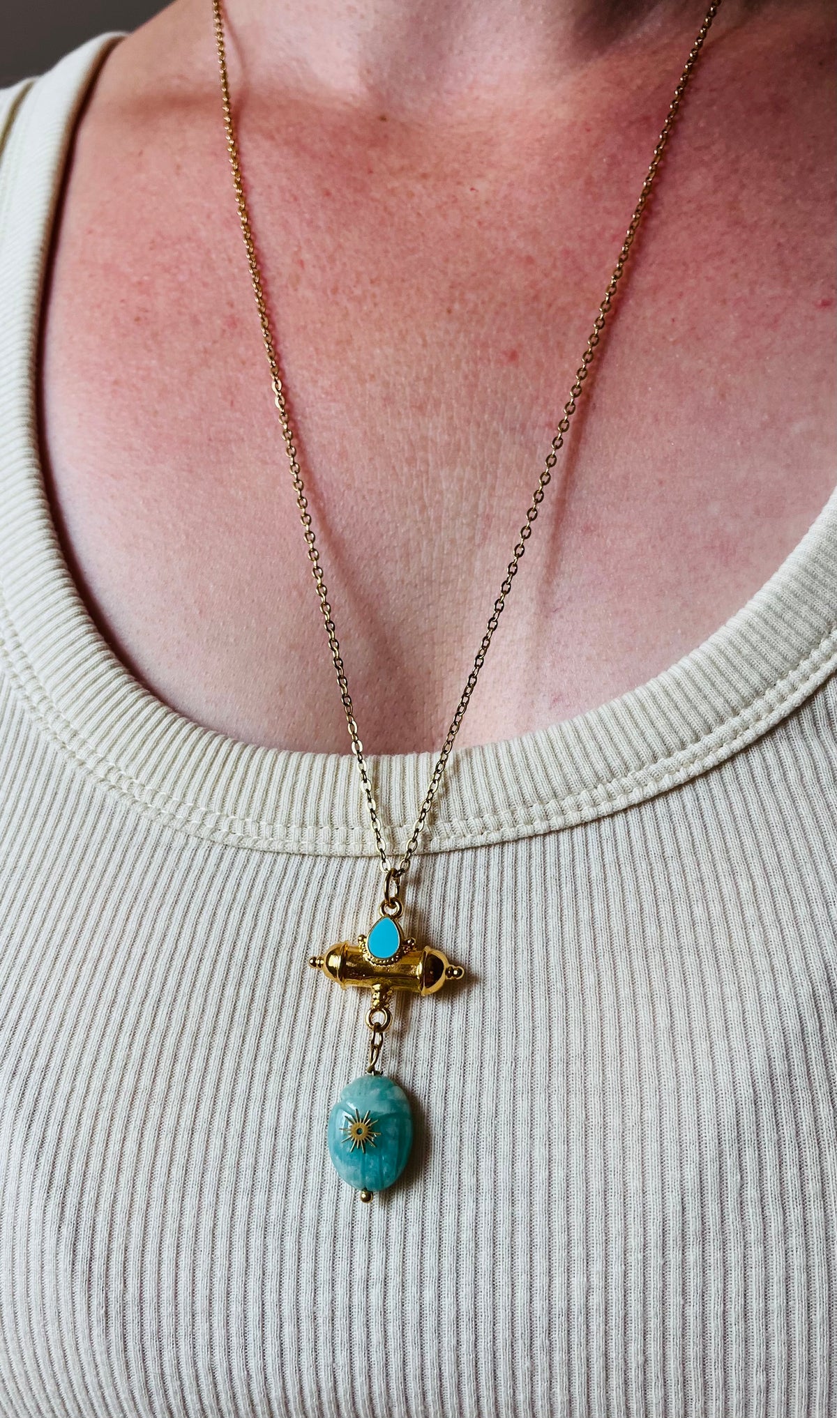 Collier sautoir talisman scarabée Amazonite