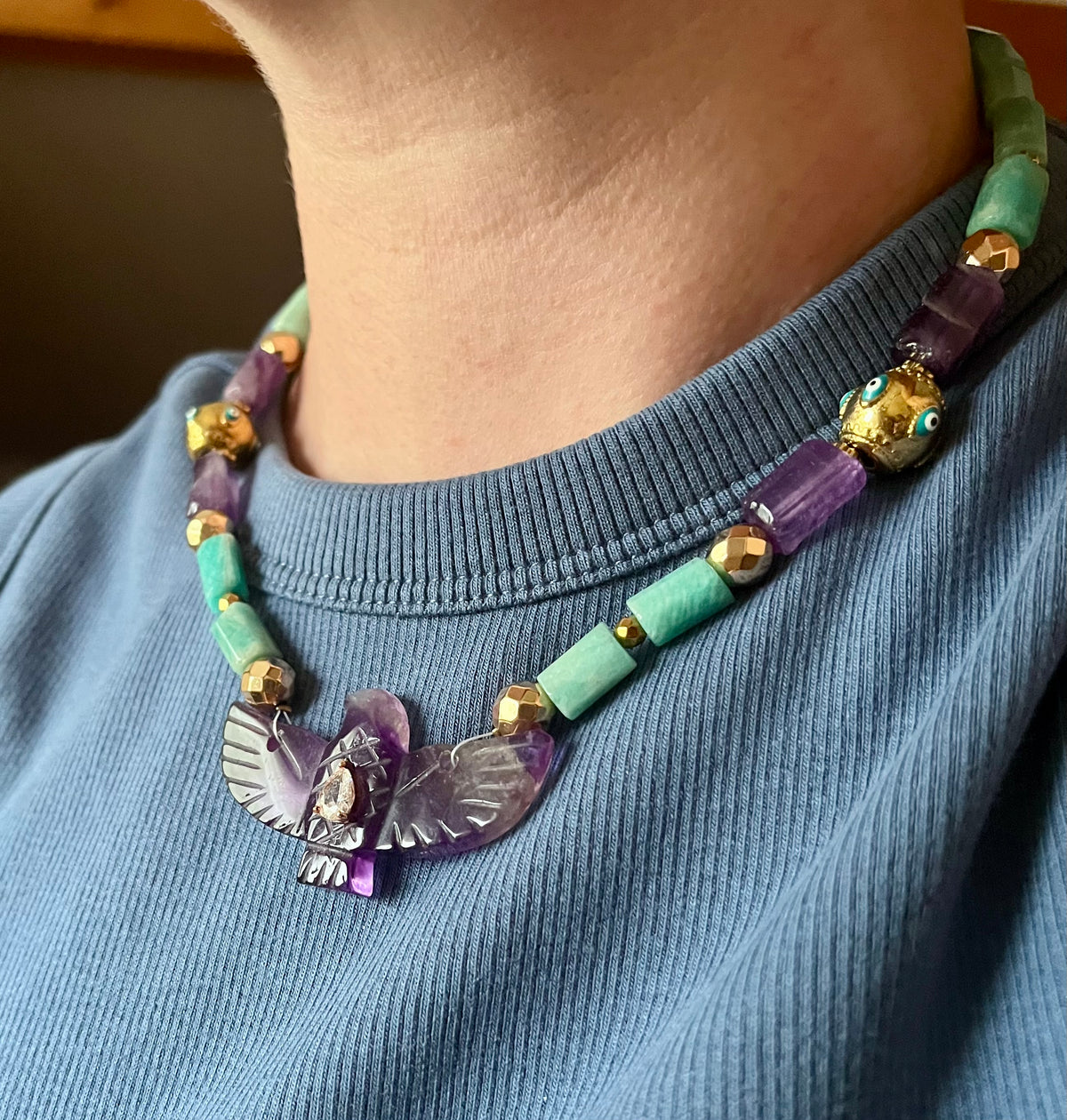 Collier phœnix Améthyste et Amazonite