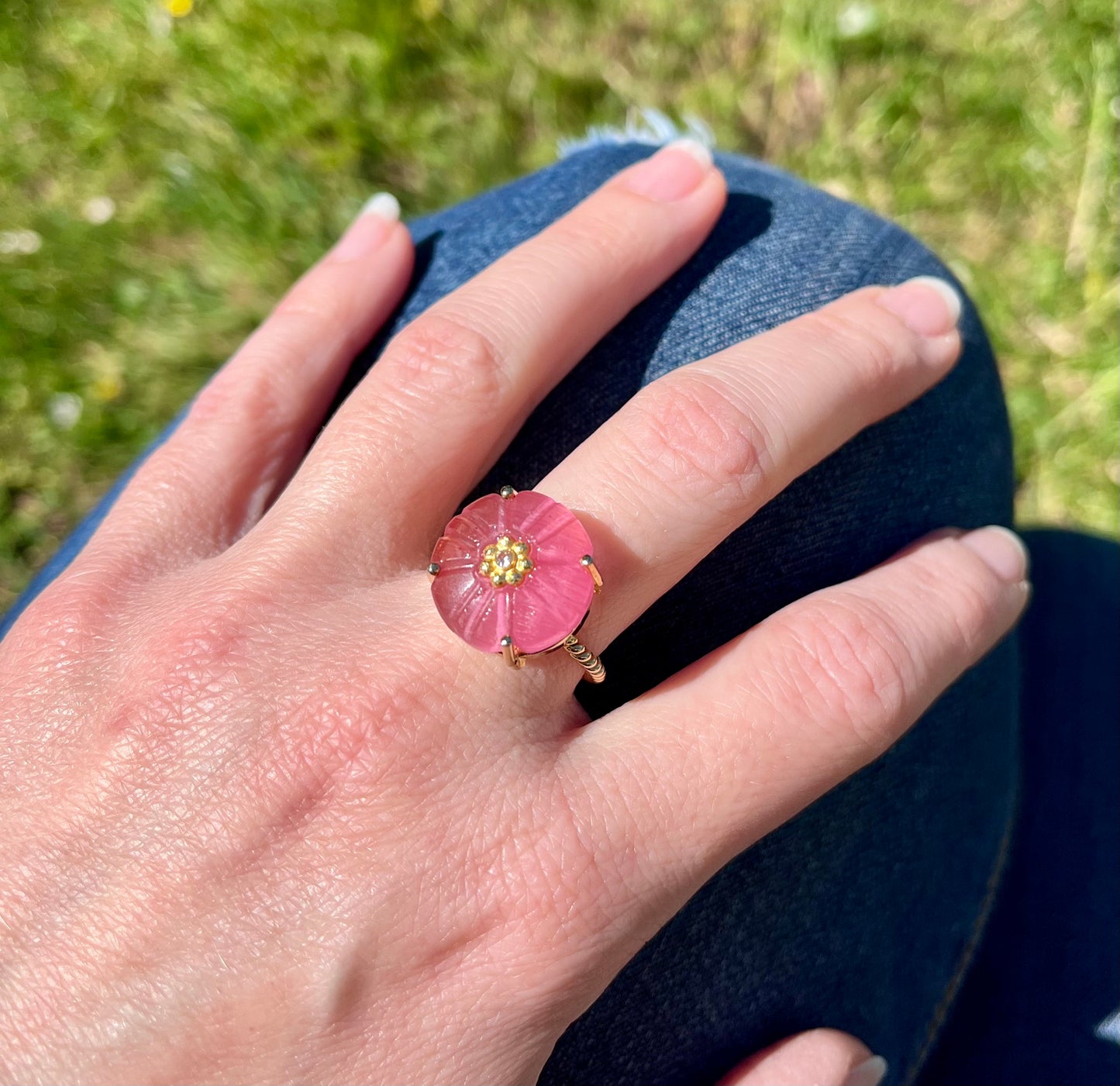 Bague fleur Calcédoine rose