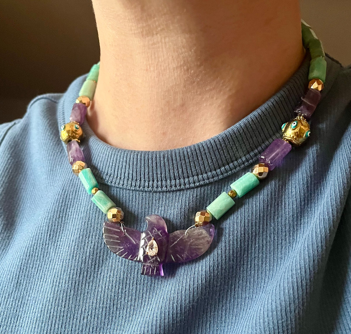 Collier phœnix Améthyste et Amazonite