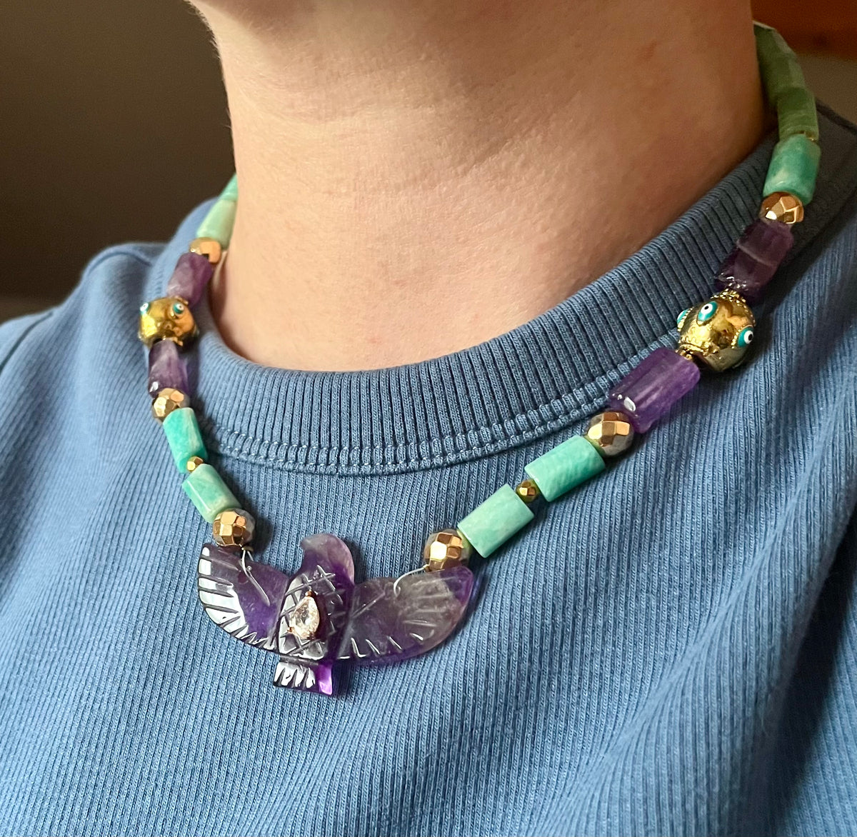 Collier phœnix Améthyste et Amazonite