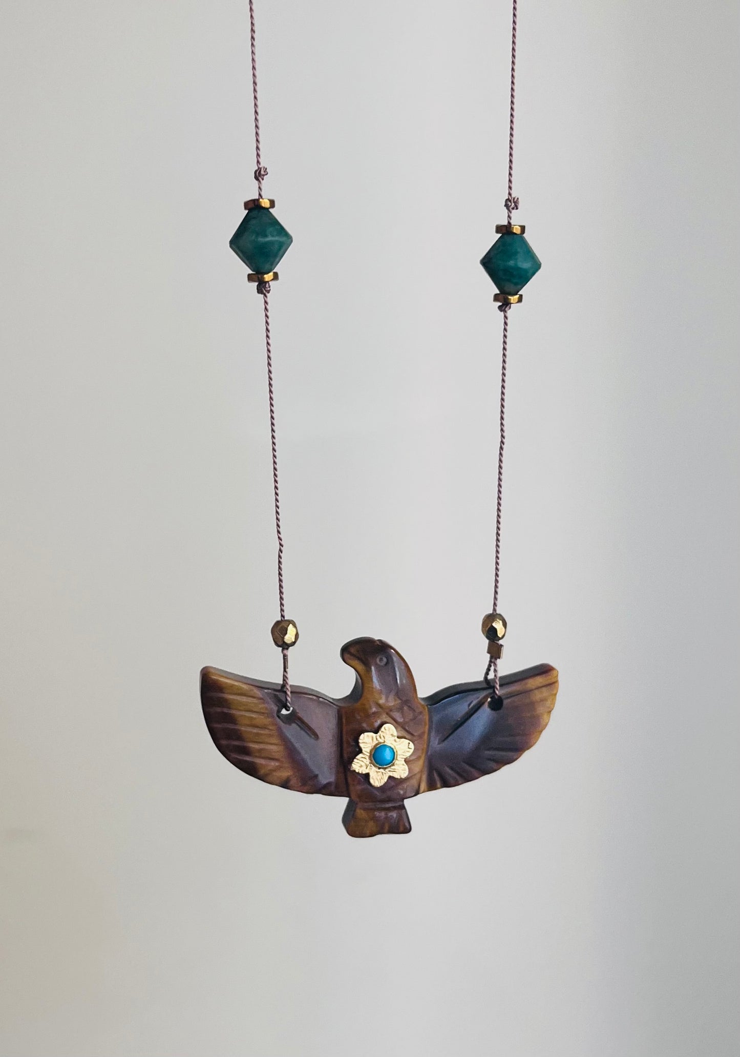 Collier Sautoir phœnix Œil de Tigre et Jade