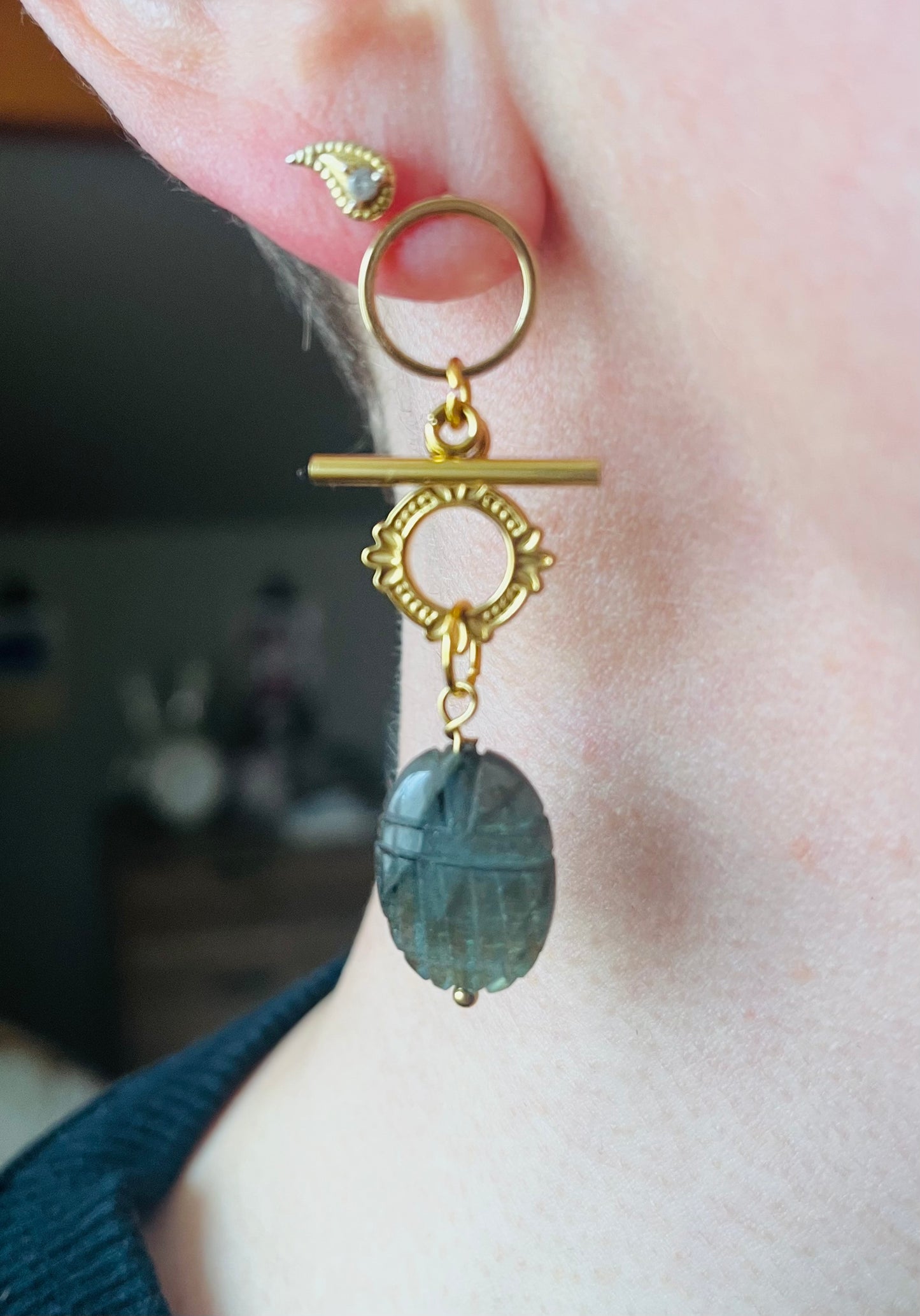 Single earring scarab amulet Labradorite