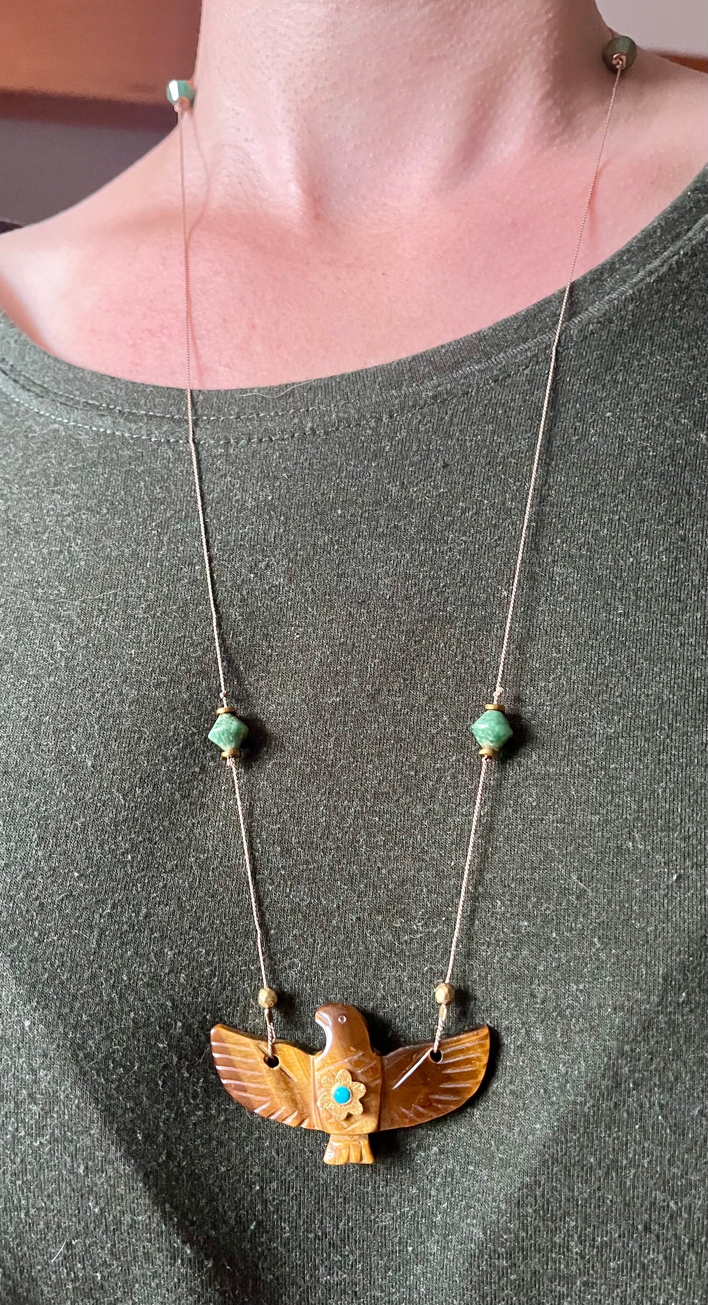 Collier Sautoir phœnix Œil de Tigre et Jade