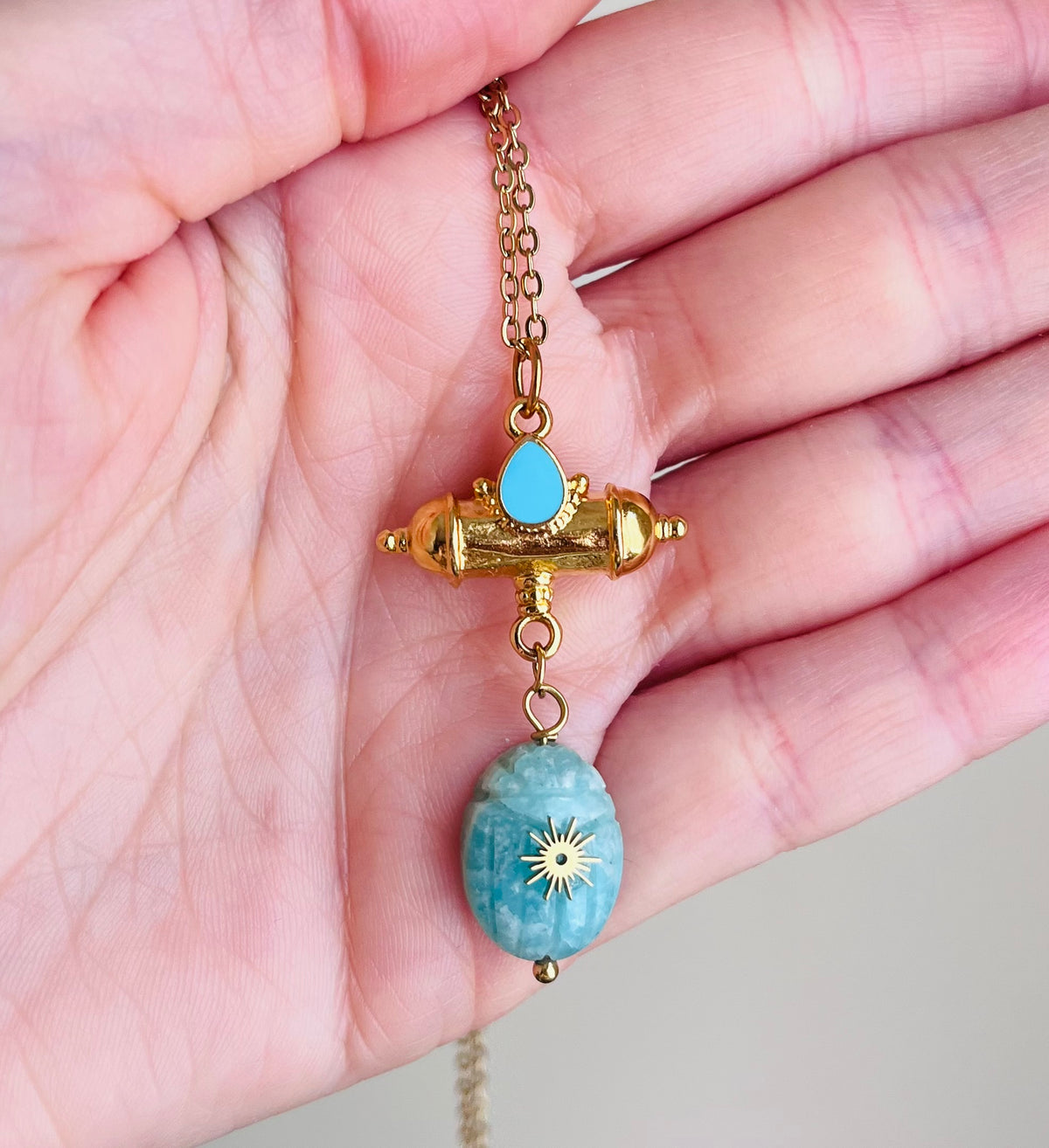 Collier sautoir talisman scarabée Amazonite