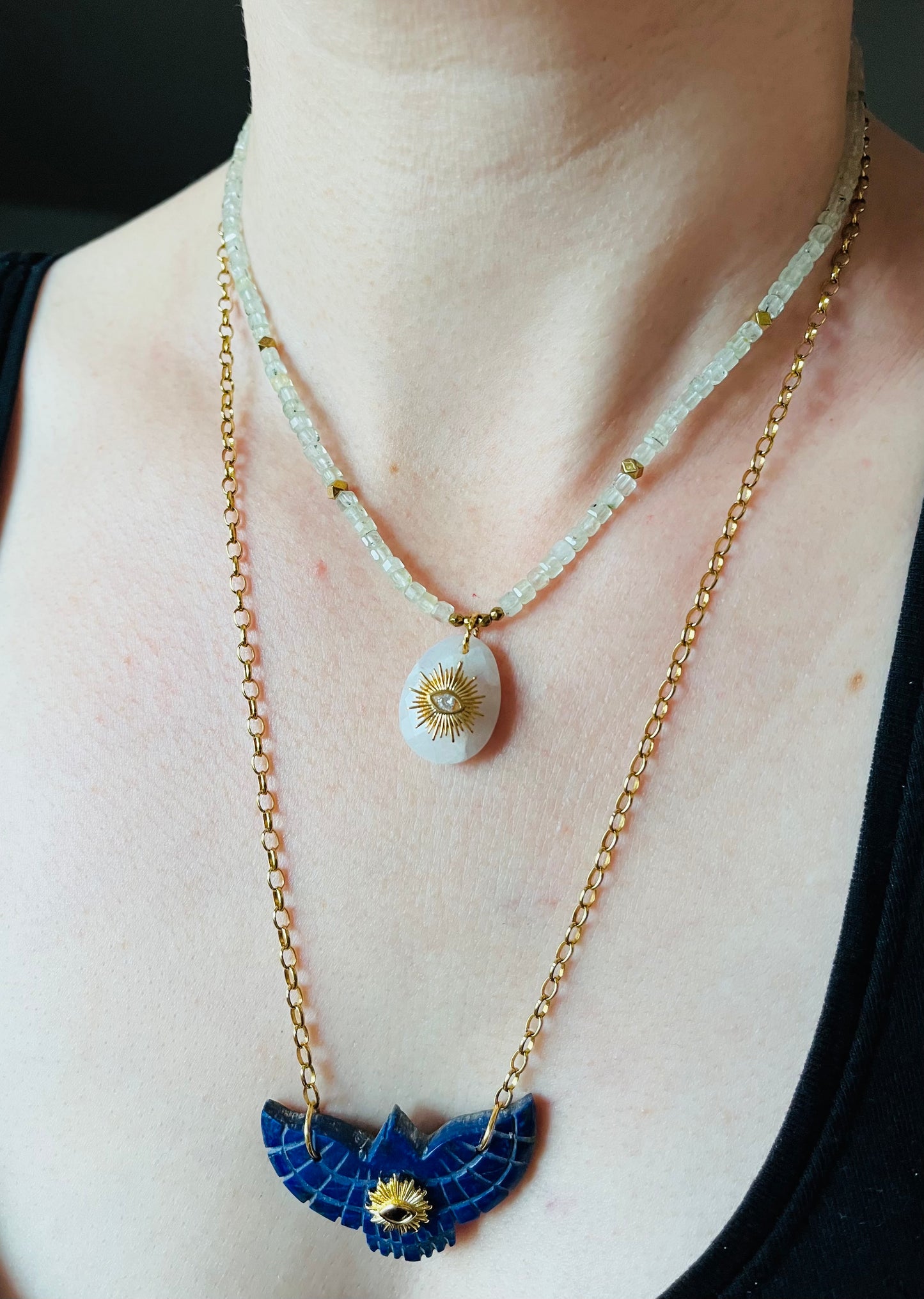 Collier talisman Prehnite et Pierre de Lune - Bienveillance, joie