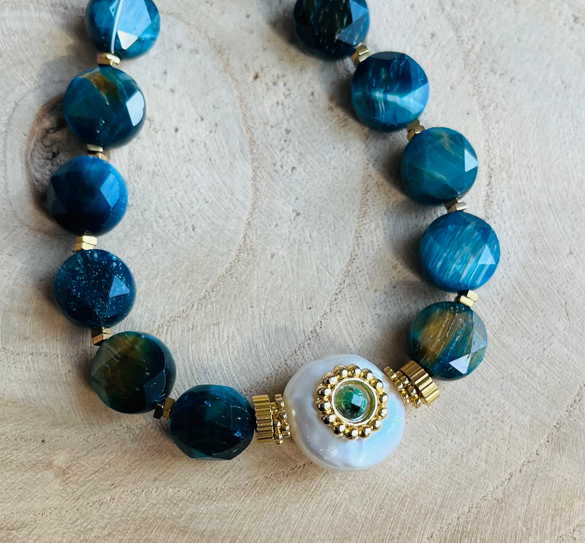 Bracelet Œil de Tigre bleu et Perle d’eau douce
