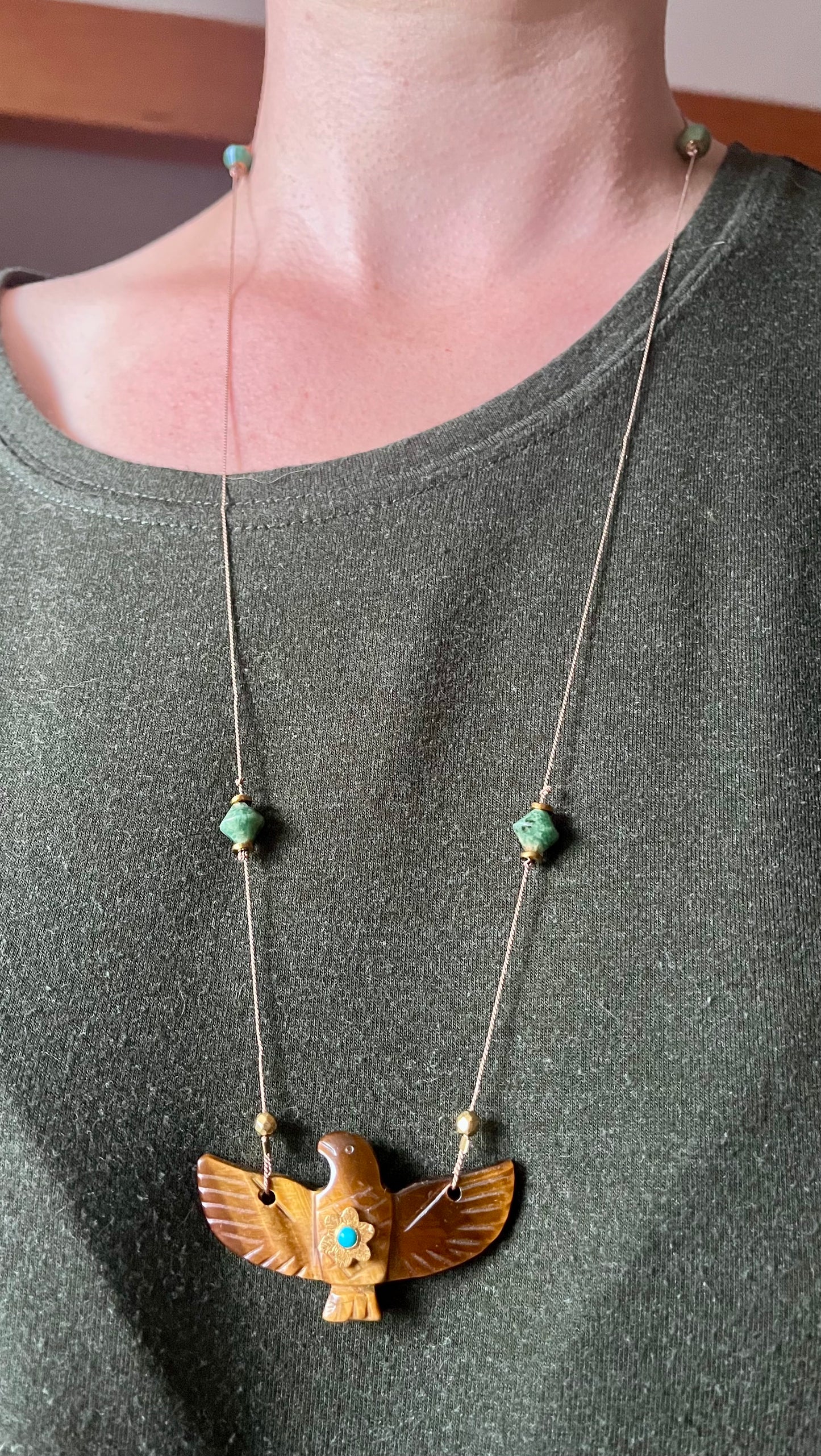 Collier Sautoir phœnix Œil de Tigre et Jade