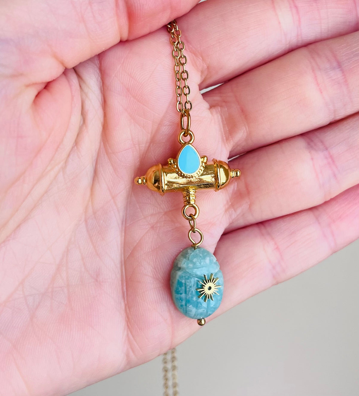 Collier sautoir talisman scarabée Amazonite