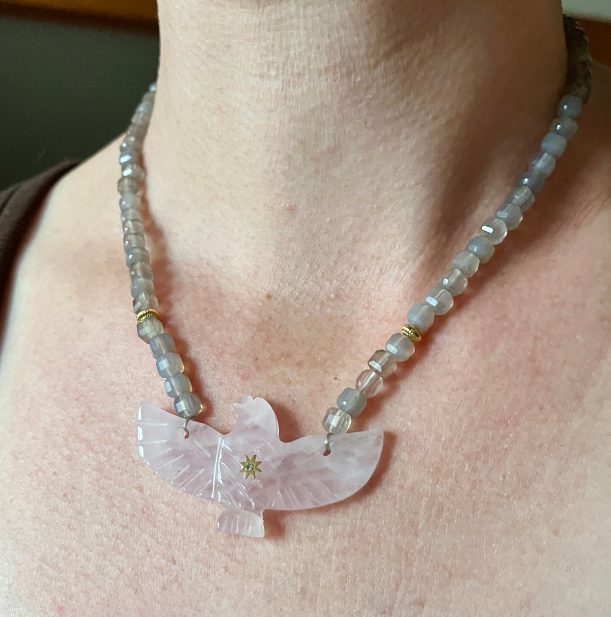 Collier phœnix Quartz rose et Labradorite