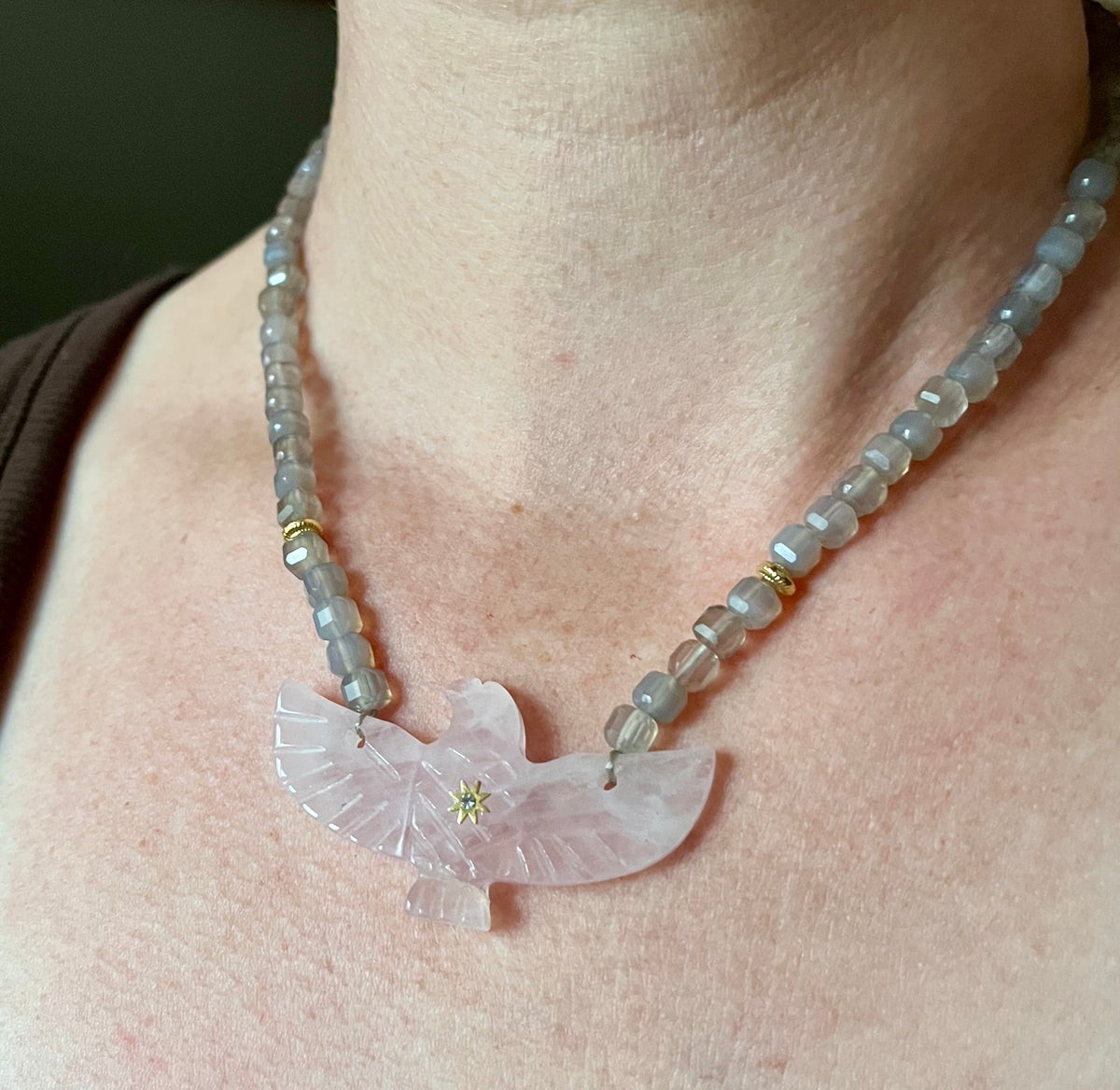 Collier phœnix Quartz rose et Labradorite