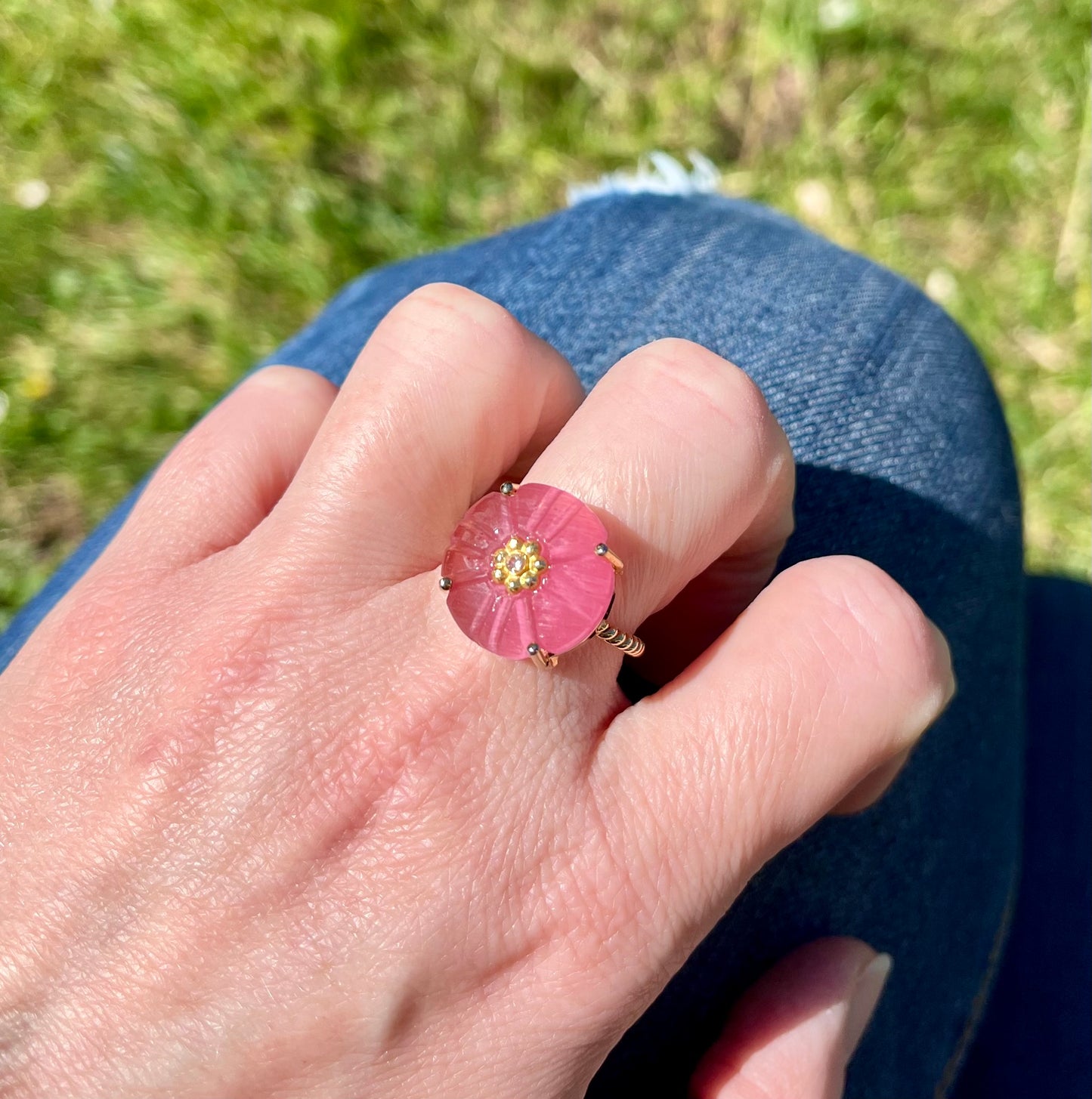 Bague fleur Calcédoine rose