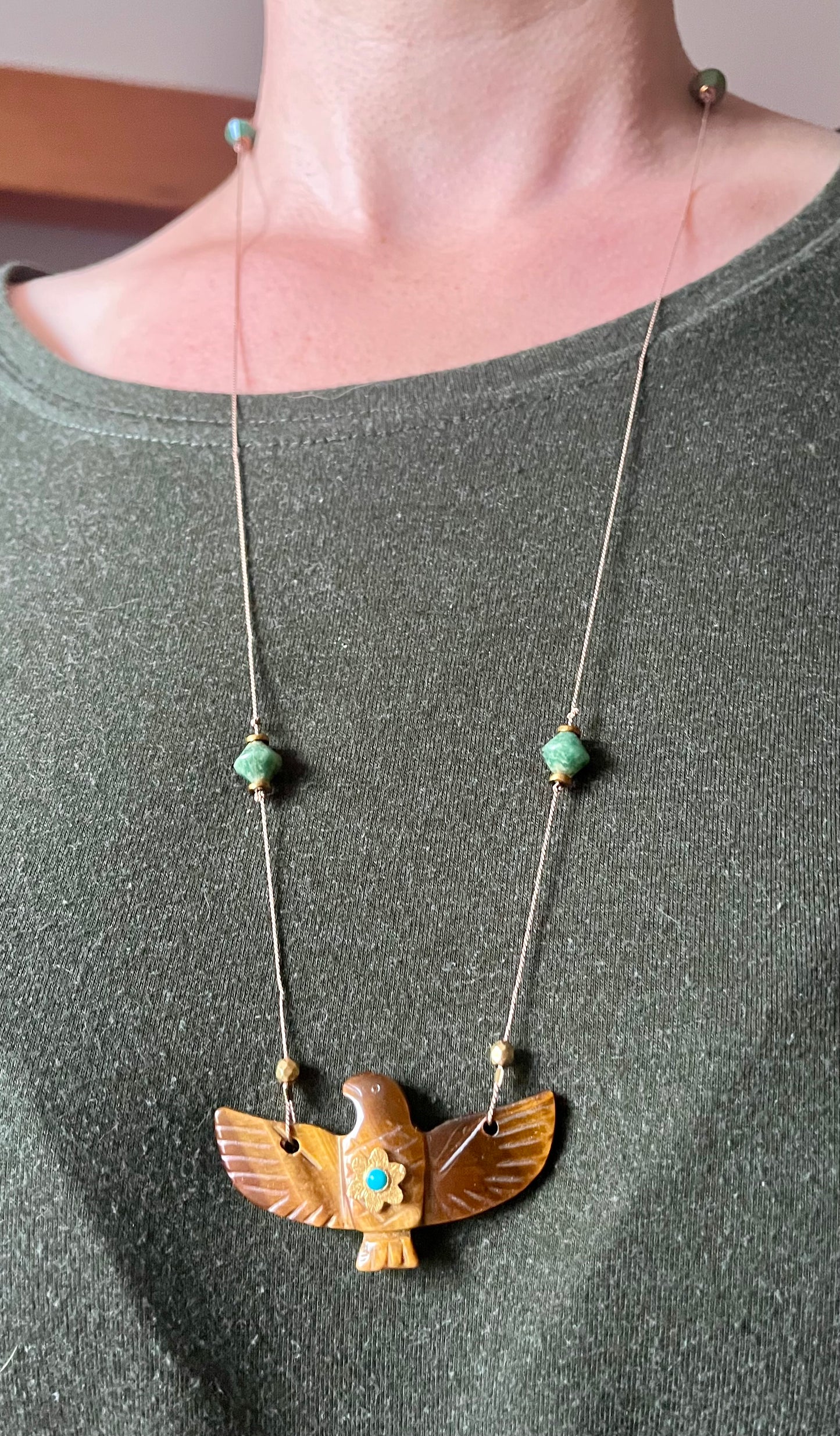 Collier Sautoir phœnix Œil de Tigre et Jade