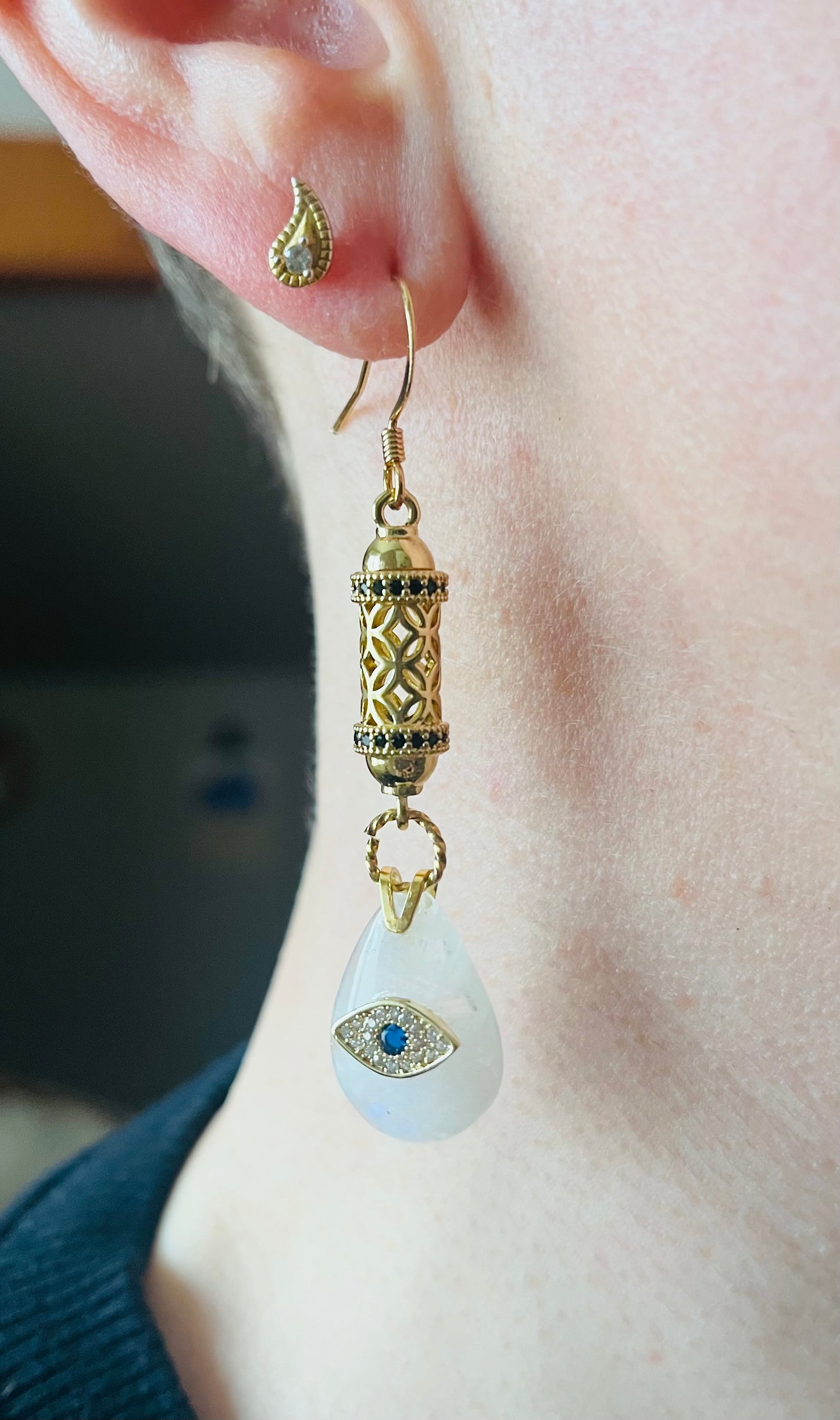 Moonstone teardrop amulet single earring