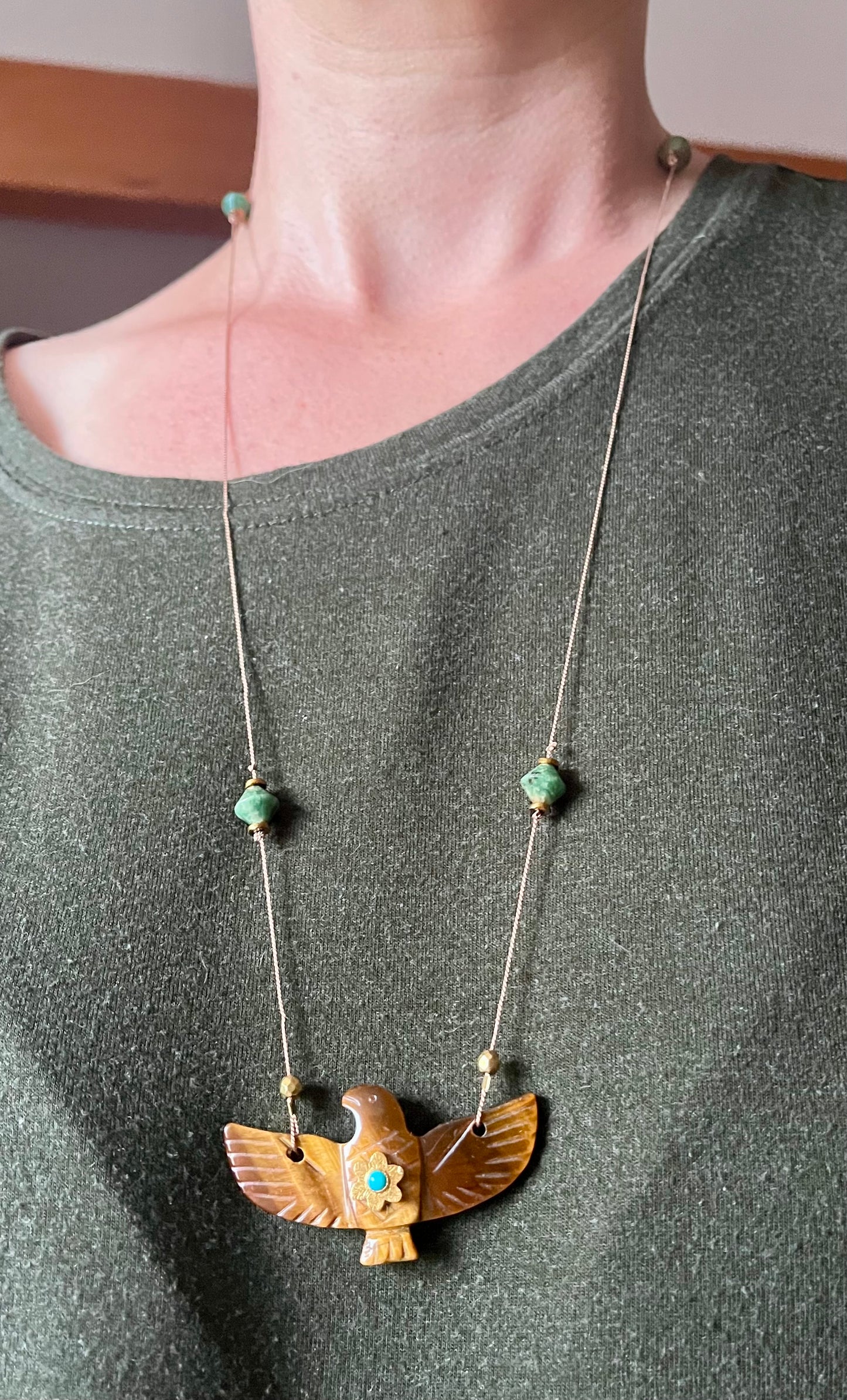 Collier Sautoir phœnix Œil de Tigre et Jade